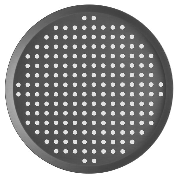 A black and white Vollrath round pizza pan with holes in it.