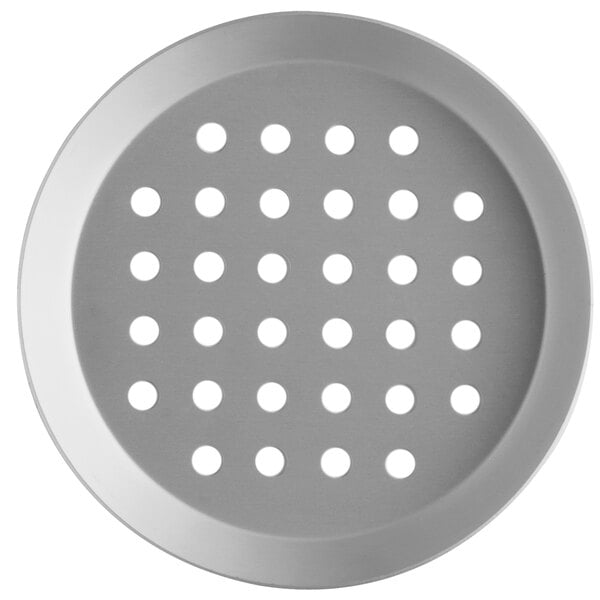 A circular silver Vollrath pizza pan with holes in the surface.