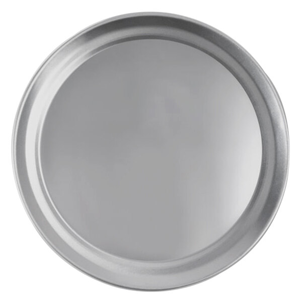 A silver round pan with a wide rim.