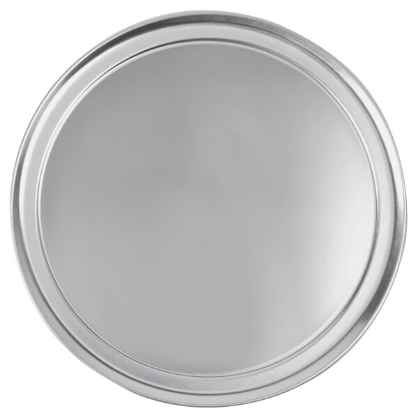 A silver round Vollrath pizza pan with a white background.