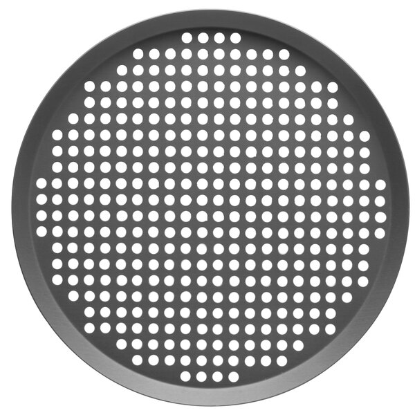 A Vollrath Super Perforated Hard Coat Aluminum Pizza Pan with a white background.