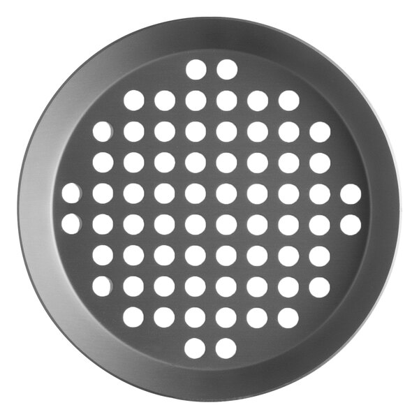 A Vollrath heavy weight aluminum pizza pan with holes in it.