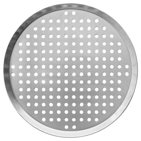 A Vollrath heavy weight aluminum round pizza pan with perforations.