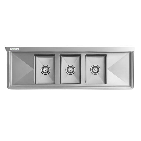 A Regency stainless steel 3 compartment sink on stainless steel legs with cross bracing and 2 drainboards.