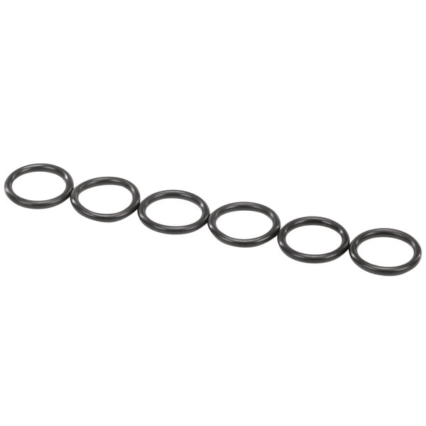 A row of six black rubber O-rings.