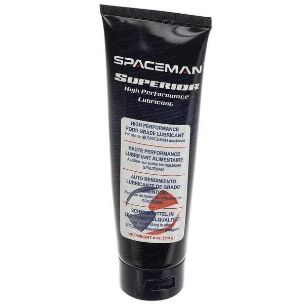 A black tube of Spaceman food-grade machine lubricant with white text.