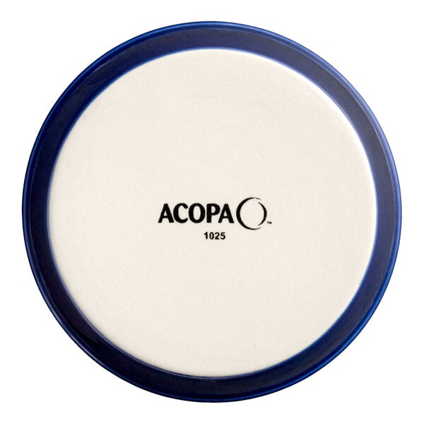 A round, blue-rimmed stoneware ramekin with the brand name 'Acopa' printed on the bottom.