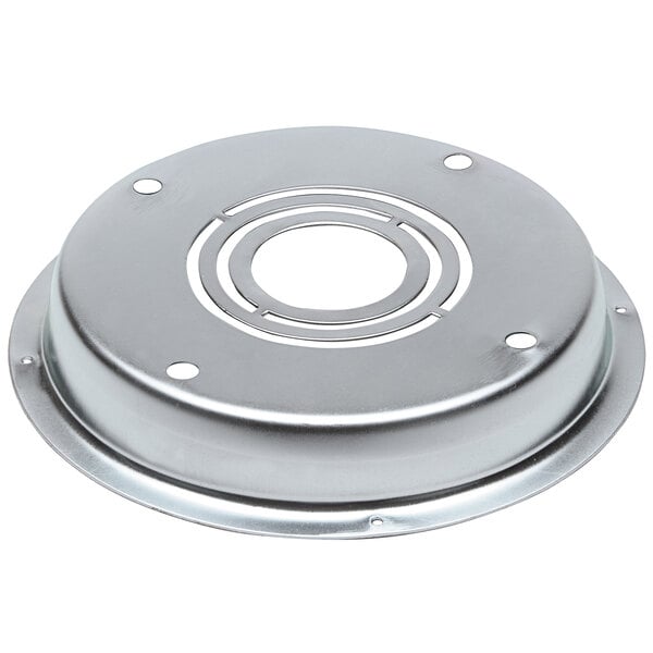 A silver metal Zurn drain stabilizer plate with holes.