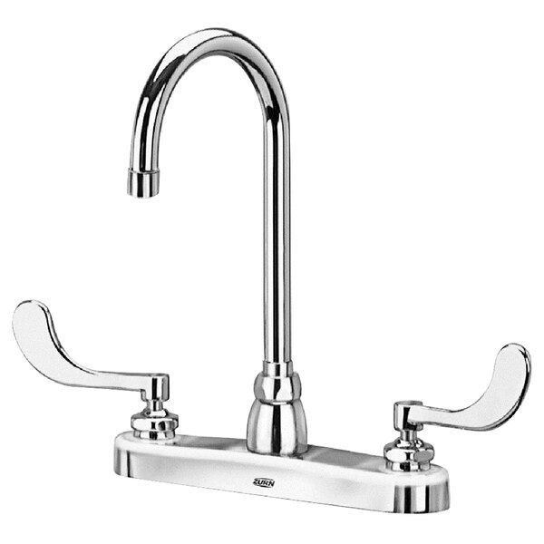 A Zurn deck-mount faucet with gooseneck spout and wrist handles.