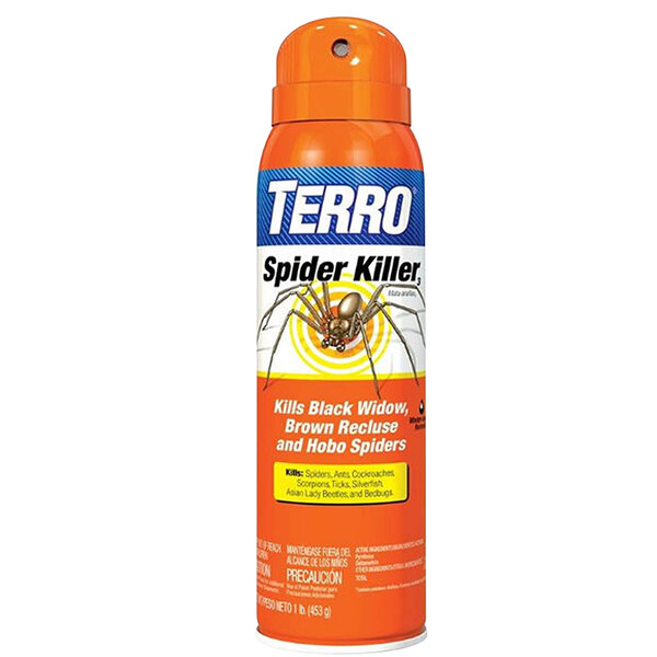 A can of Terro Spider Killer Spray with a blue and white label.