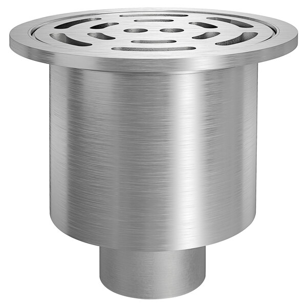 A Zurn stainless steel round floor drain with slotted grate.