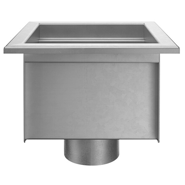 A close-up of a Zurn stainless steel floor sink with a round base and drain in the center.