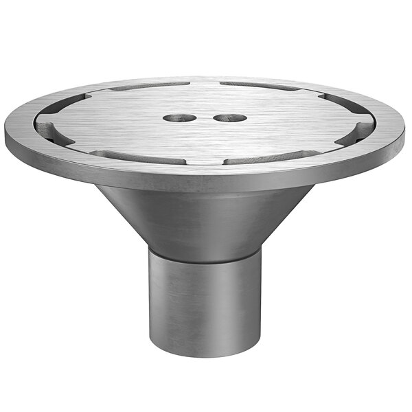 A Zurn stainless steel industrial floor drain with a heavy-duty perimeter grate over a round hole.