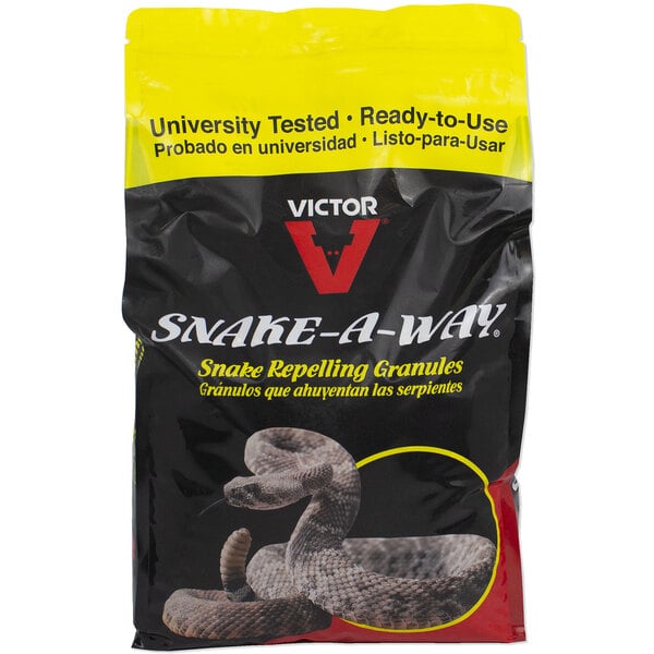 A black bag with a yellow and red label for Victor Pest Snake-A-Way Granular Snake Repellent with a snake on it.