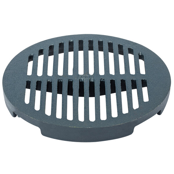 A round black metal Zurn cast iron grate with holes.
