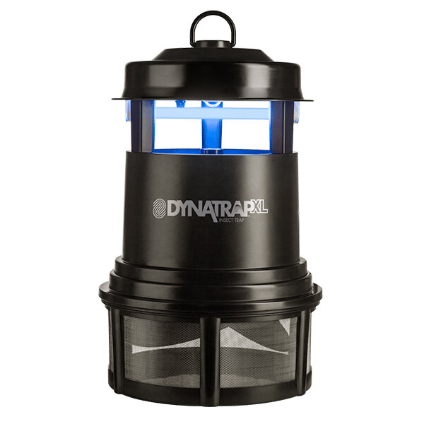 A black Dynatrap flying insect trap with blue accents.