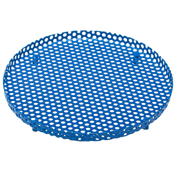 A blue round metal tray with holes.
