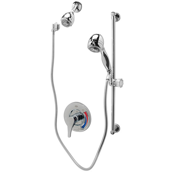 A Zurn Temp Gard shower unit with wall mounted and handheld shower heads and slide bar.