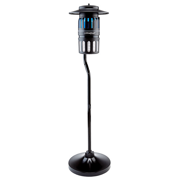 A black Dynatrap insect trap on a black stand with blue lights.