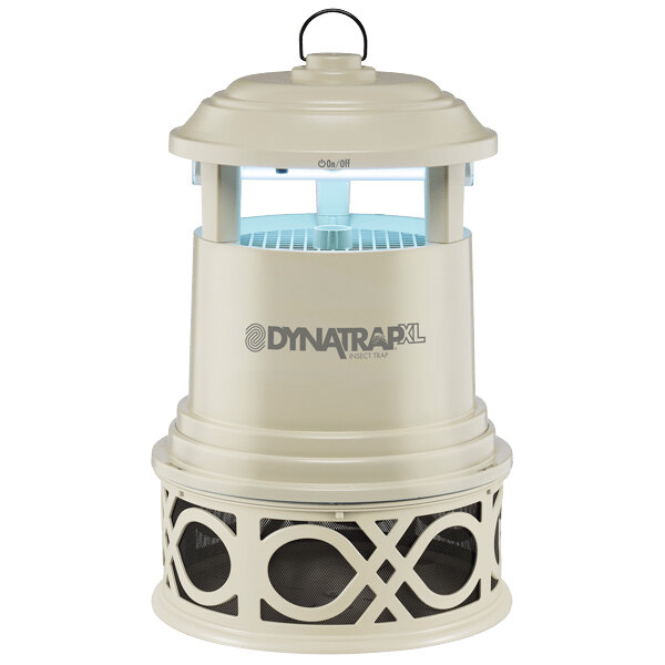 A white DynaTrap insect trap with a blue light inside.