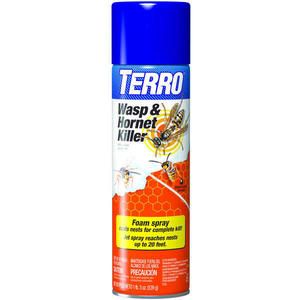 A white container of Terro wasp and hornet killer spray.