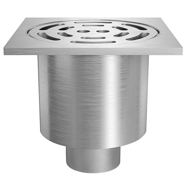 A silver Zurn stainless steel floor drain with a heavy-duty slotted grate over holes.