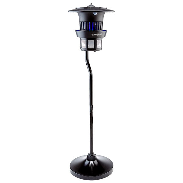 A black Dynatrap indoor/outdoor flying insect trap on a stand.