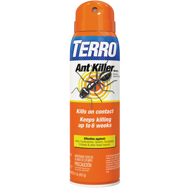 An orange container of Terro ant killer spray.