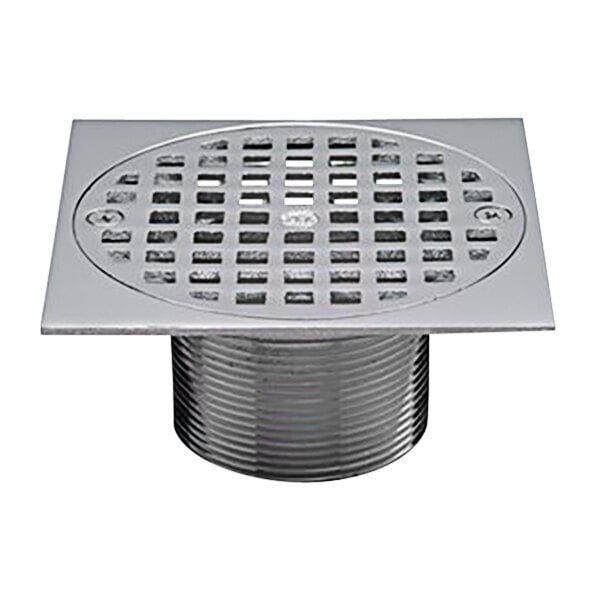 A Zurn polished brass square drain strainer with holes.