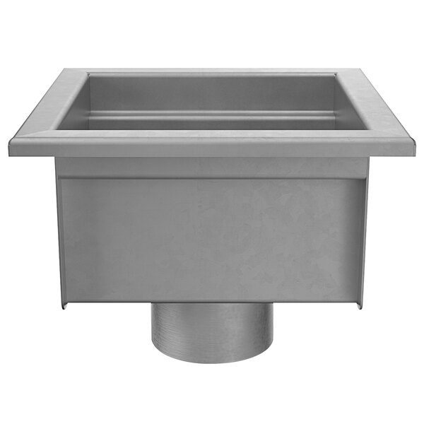 A Zurn stainless steel floor sink with a drain.