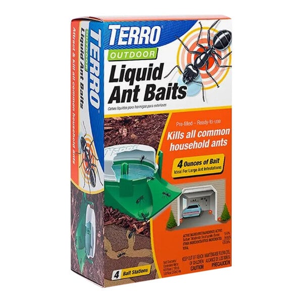 A close-up of a box of Terro Outdoor Liquid Ant Bait with 4 yellow and black ant traps inside.