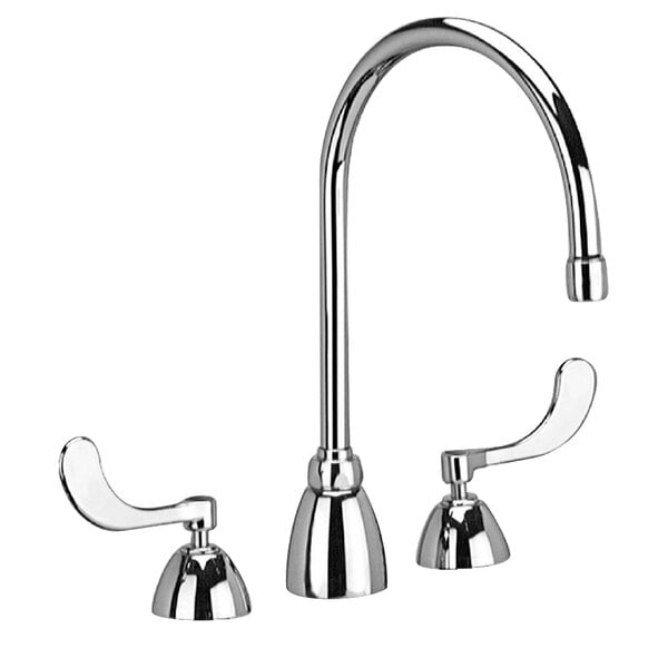 A Zurn deck-mount faucet with widespread base, gooseneck spout, and wrist handles.