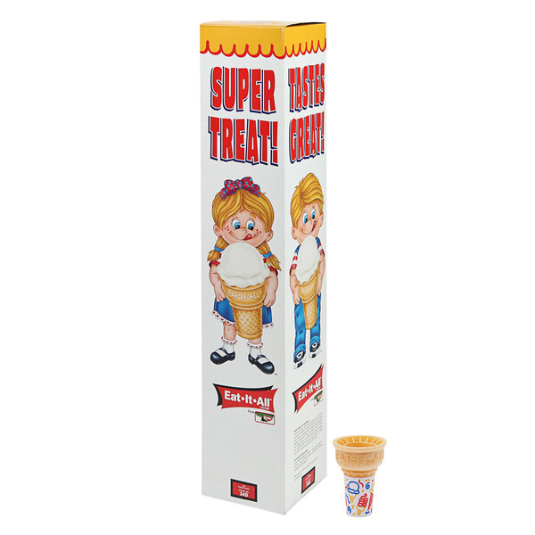 A white box with cartoon of Keebler Eat-It-All cake cones.