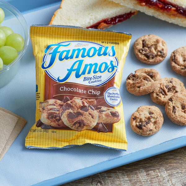 A close up of a Famous Amos chocolate chip cookie.