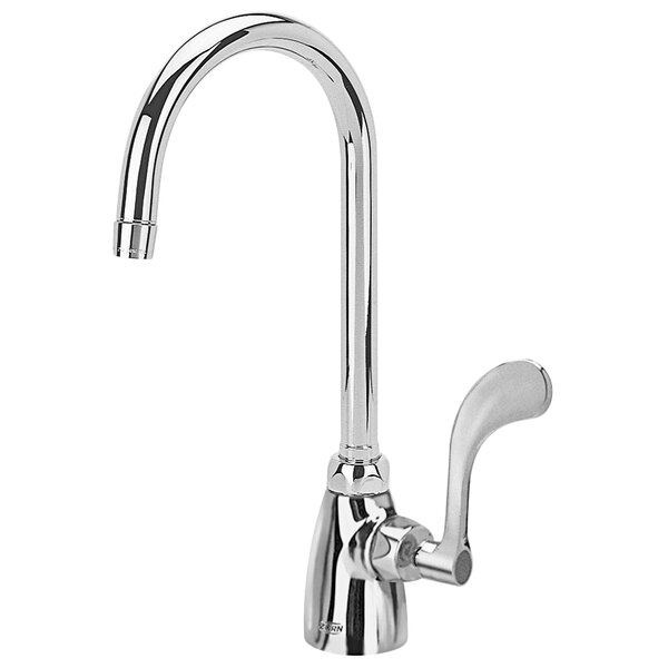 A silver Zurn laboratory faucet with a gooseneck spout and wrist handle.
