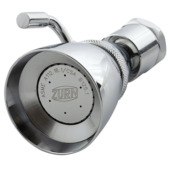 A close-up of a Zurn shower head with a chrome finish.