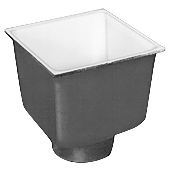 A square grey cast iron floor sink with a white top.