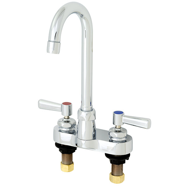 A Zurn deck-mount faucet with gooseneck spout and lever handles.