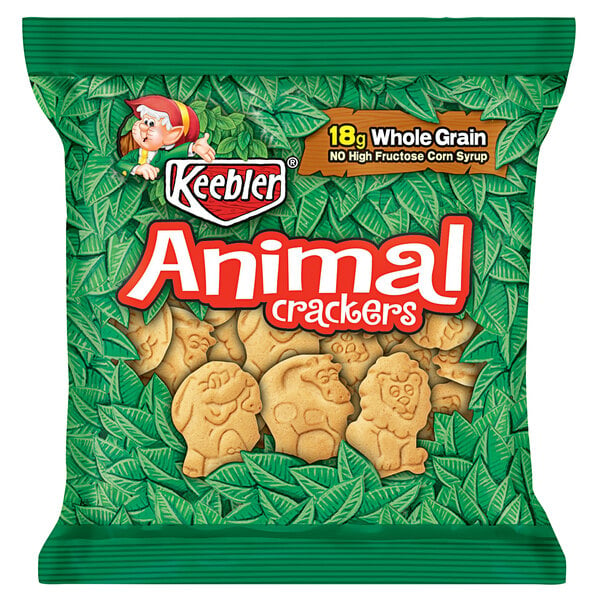 A green and white bag of Keebler animal crackers.