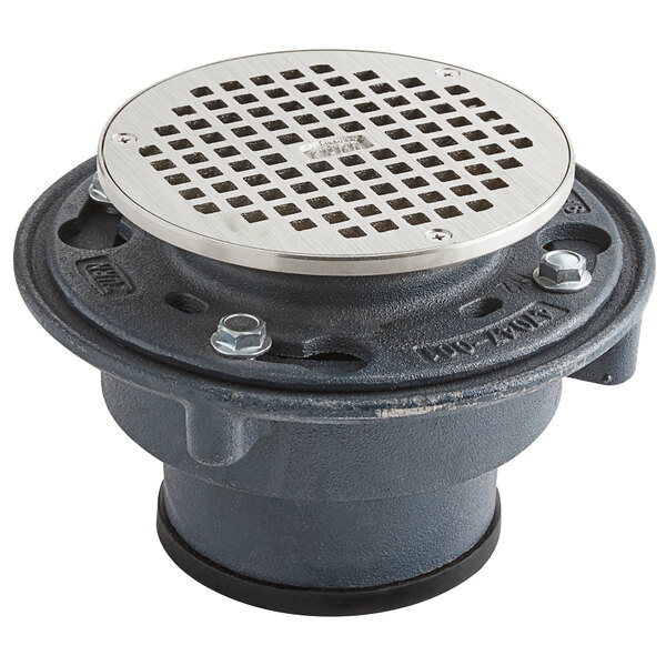 Zurn Elkay ZN415-4NL-5B-P Cast Iron Floor Drain with 5 Round Type B  Polished Nickel Bronze Strainer, 4 Neo-Loc Outlet, and Trap Primer  Connection
