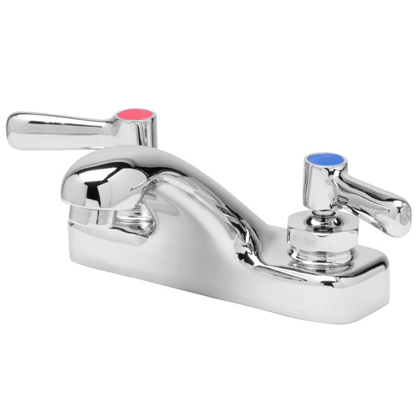 A Zurn deck-mount faucet with 4 1/4" cast spout and blue and pink lever handles.