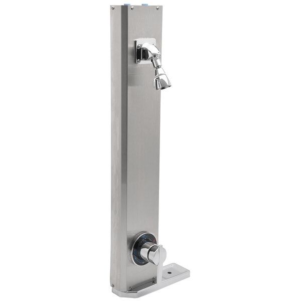 A Zurn stainless steel rectangular shower panel with a spout and handle.