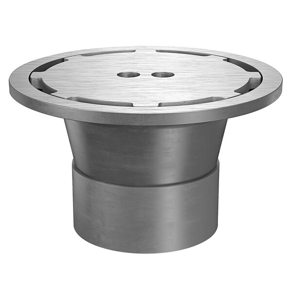 A Zurn round stainless steel floor drain with a perimeter grate and a hole in the center.