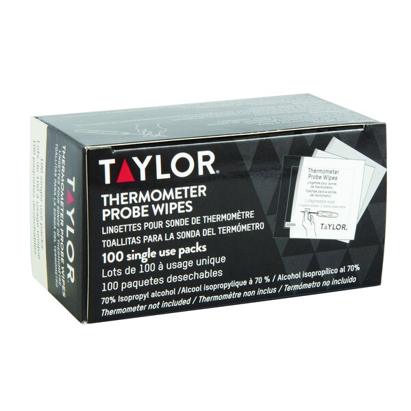 A black box of Taylor thermometer probe wipes with white text.