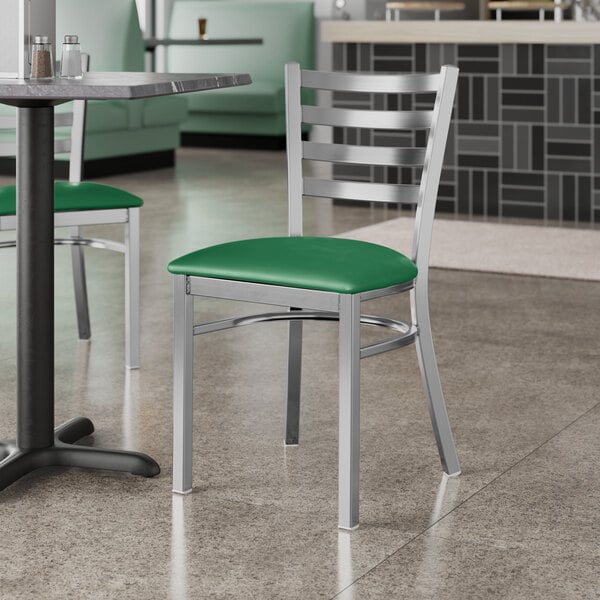Lancaster Table & Seating Clear Coat Finish Ladder Back Chair with 2 1/2" Green Vinyl Padded Seat - Detached