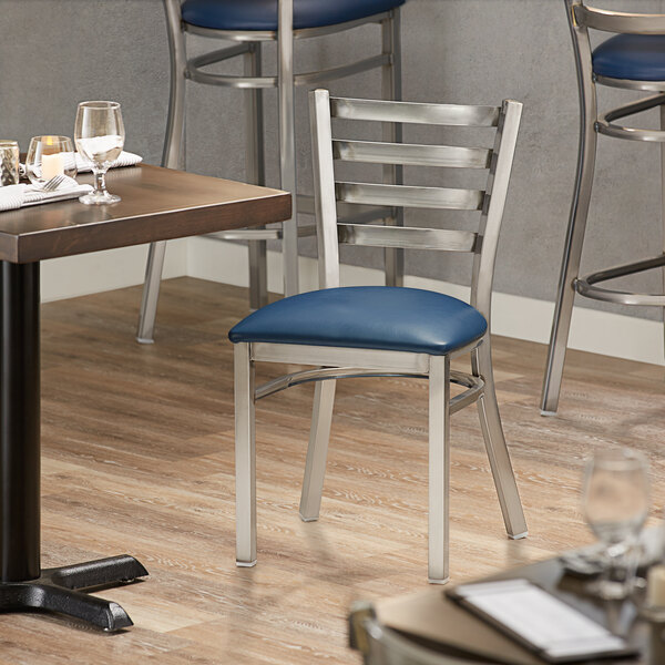 Lancaster Table & Seating Clear Coat Finish Ladder Back Chair with 2 1/2" Navy Vinyl Padded Seat