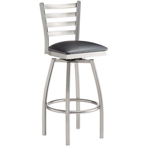 Lancaster Table & Seating Clear Coat Finish Ladder Back Swivel Bar Stool  with 2 1/2 Black Vinyl Padded Seat