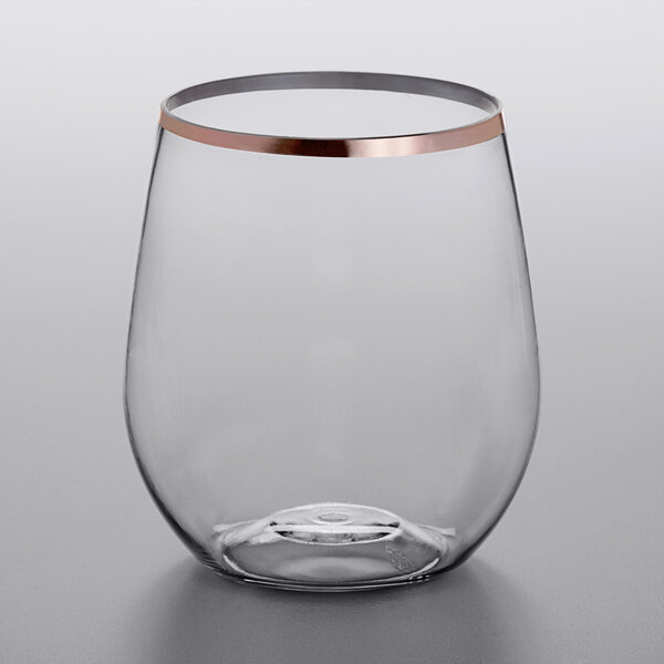 Visions 12 oz. Heavy Weight Clear Plastic Stemless Wine Glass with Gold Rim  - 16/Pack