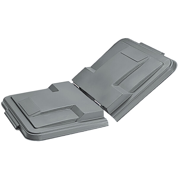 A grey plastic container with a removable split lid.