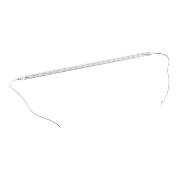 A long, cylindrical heating element with attached wires designed for use in conveyor ovens.